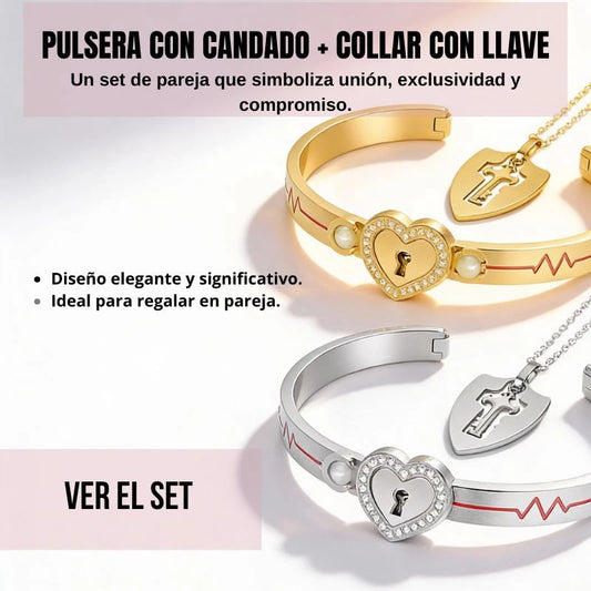Juego de Pulsera y Collar con Candado de Corazón